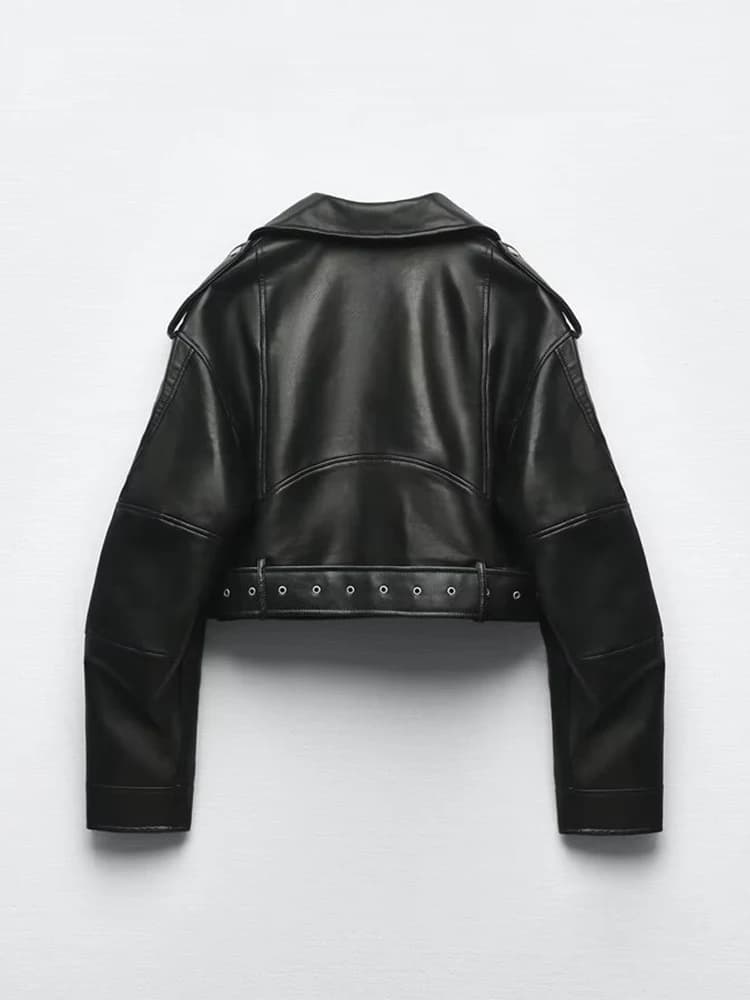 Ailegogo printemps automne femmes Faux cuir Pu veste courte avec ceinture moto motard femme fermetur