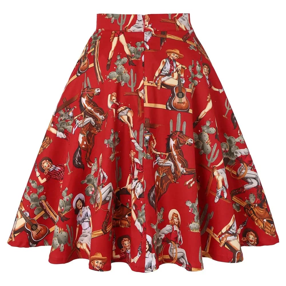 Petit rouge à pois coton femmes Sexy Midi jupe d'été Pin Up taille haute rétro Vintage Rockabilly 50
