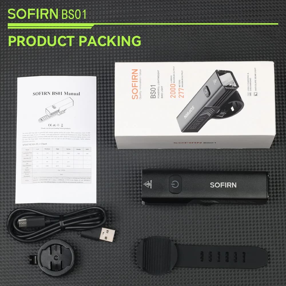Lampe de vélo Sofirn BS01, étanche IP65, 2000LM, batterie 5000mAh, lampe torche, charge USB, réglage