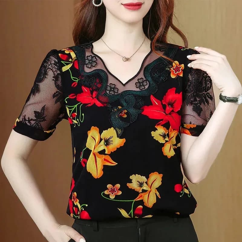 Haut de gamme impression dentelle Miss haut tendance 2025 nouveau manches courtes tempérament sauvag