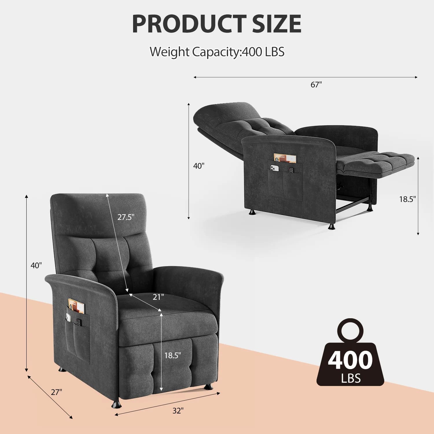 Fauteuil inclinable électrique avec métropolitain et massage, fauteuil inclinable réglable en tissu 