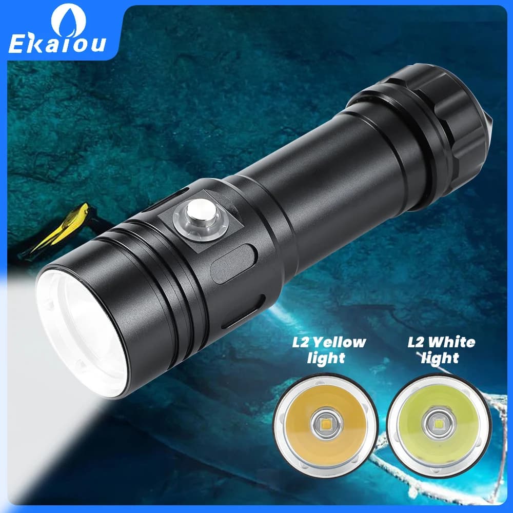 Ekaiou LED lampe de plongée 2000 Lumens L2 lampe de poche de plongée IP68 torche étanche par 26650 b