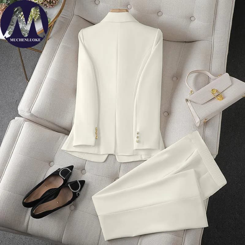 Ensemble deux pièces pour femmes, mode coréenne, blazer à manches longues et pantalon large, tenue d