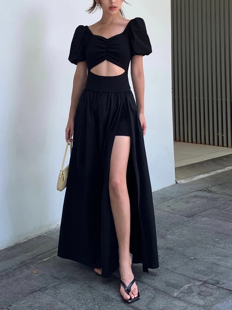 Robe noire vintage Y2k pour femme, robe mi-longue fendue, robe de soirée sexy, mode coréenne décontr