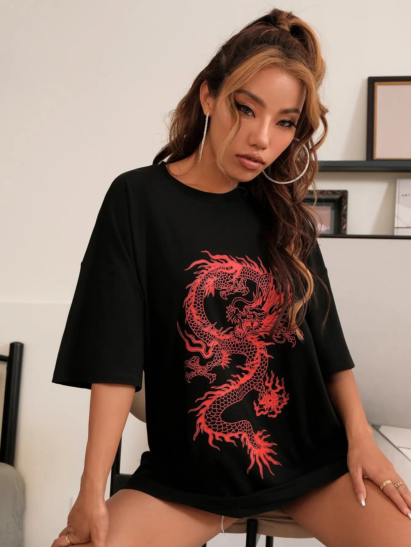 T-shirt manches courtes femme 100% coton, estival et surdimensionné, avec motif dragon rouge chinois