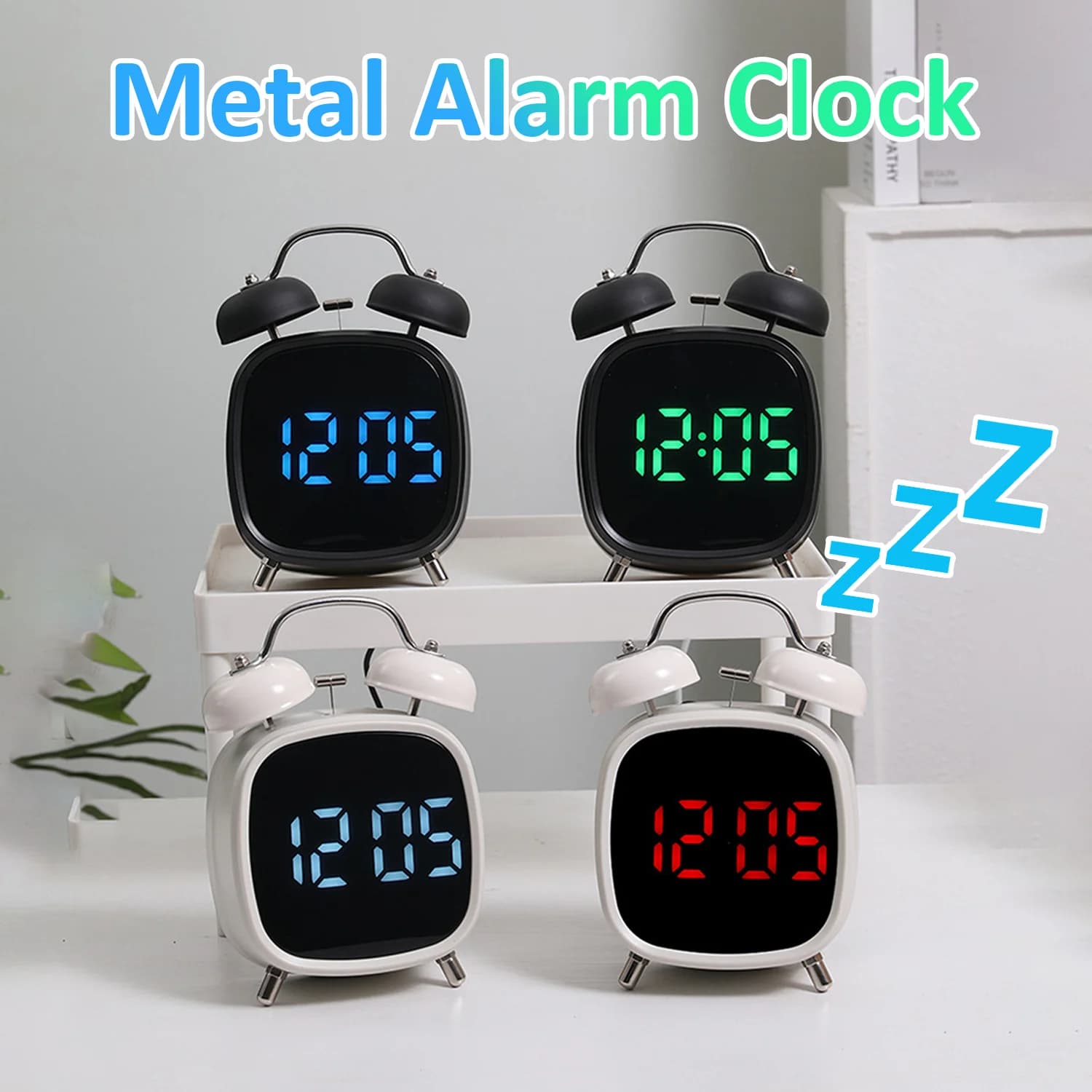 Réveil multifonction en métal avec cloche puissante, écran LED enfichable, horloge pour enfants pour