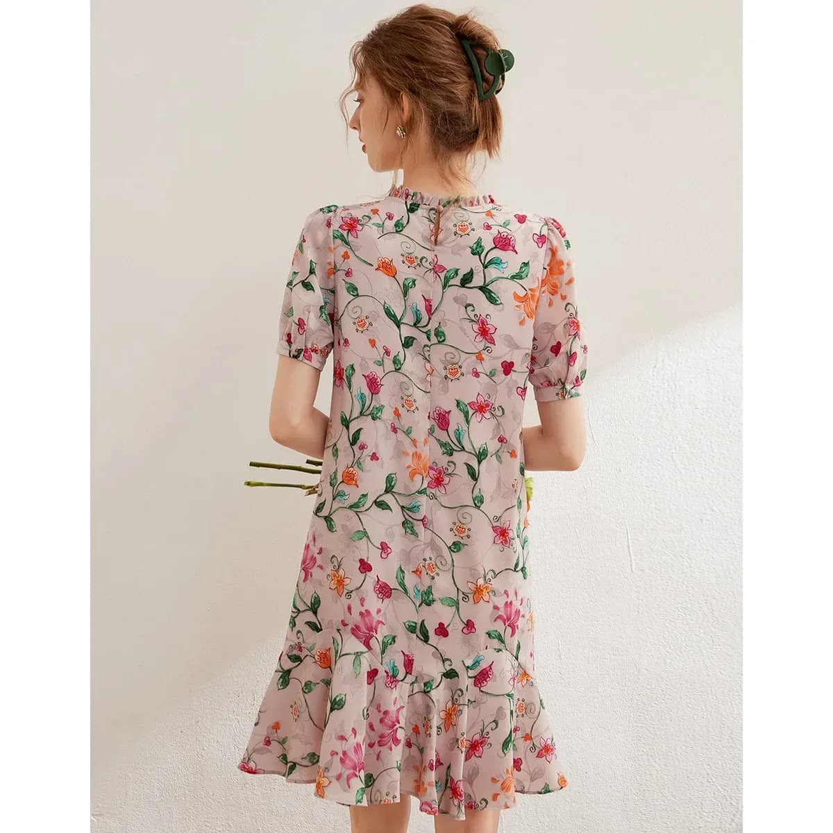 Modiis Yao-Robe florale brodée élégante, dentelle perlée, col rond, manches courtes, robe courte A-L