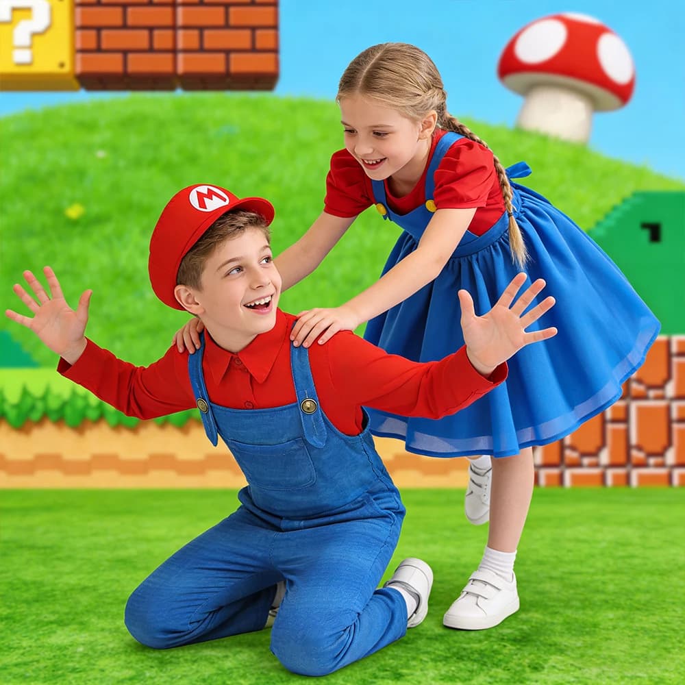 Ensemble de costumes 2 pièces pour frères et sœurs, nouveau film Super bro, déguisement de cosplay, 
