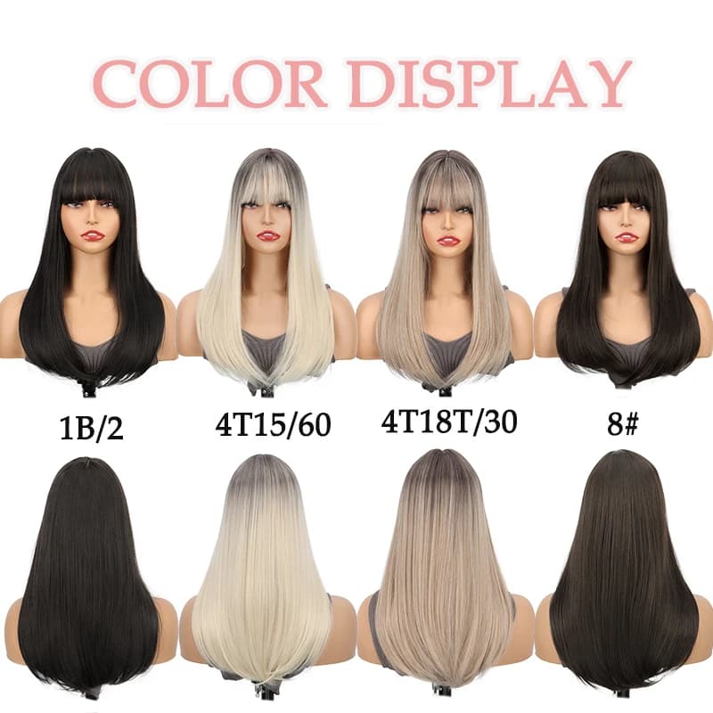 Extensions de cheveux synthétiques à clips avec frange : postiche longue et droite haute température