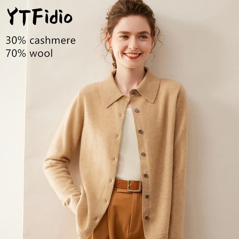 YTFidio cachemire laine mérinos pull femmes col POL à manches longues haut de luxe vêtements de créa
