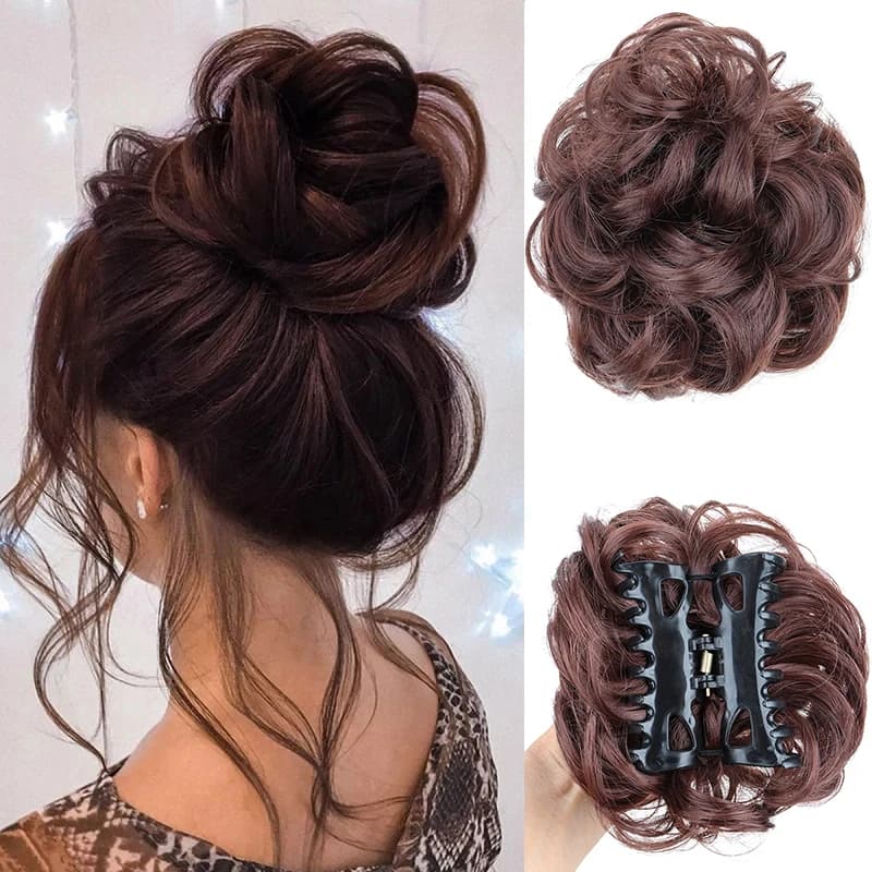 Chignon synthétique en désordre pour femmes, Extension capillaire courte, bouclée, ondulée, noire, B