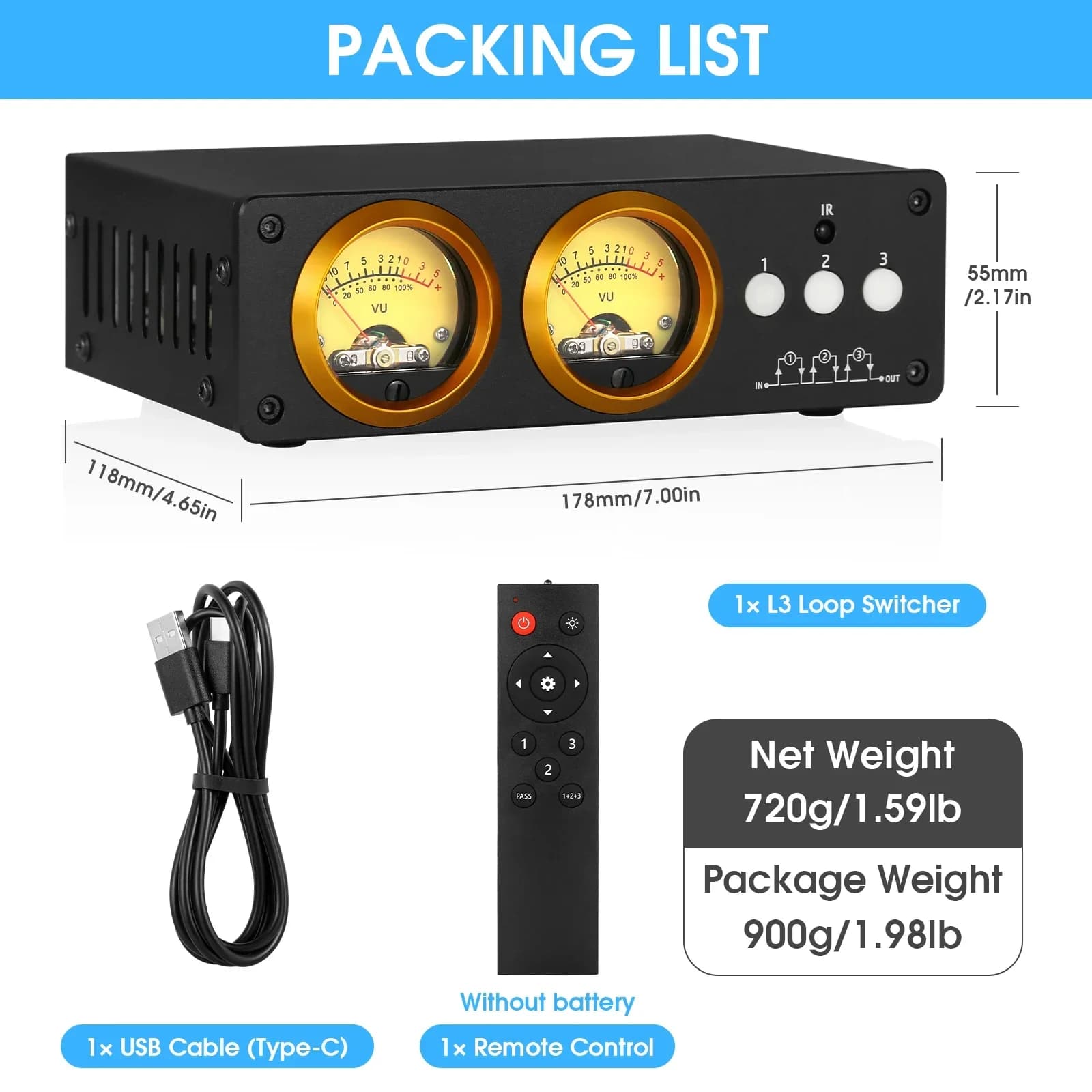 Douk Audio L3-Boîtier de commutation en boucle à 3 canaux, sélecteur 1(3)-IN-3(1)-OUT, écran VU-mètr