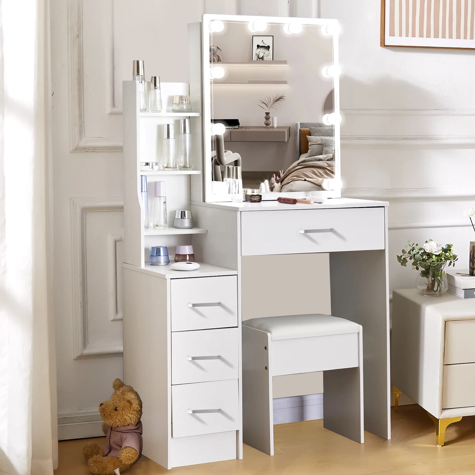Table de coiffeuse LED avec miroir coulissant, bureau de maquillage blanc, tabouret à 4 tiroirs, coi