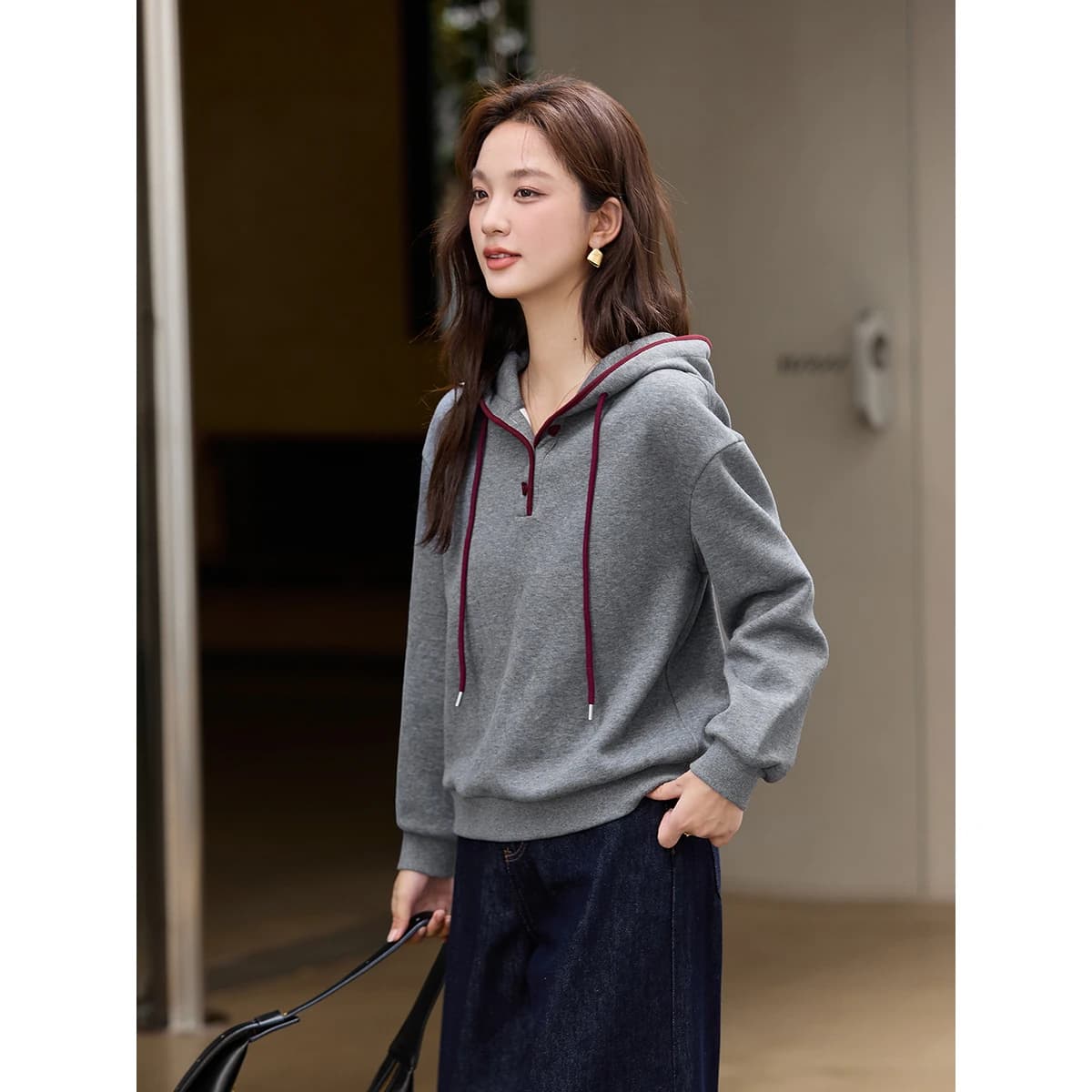 Sweat-shirts gris pour femmes VIMLY, en mélange de coton simple, doublés de polaire, contrastants, 2