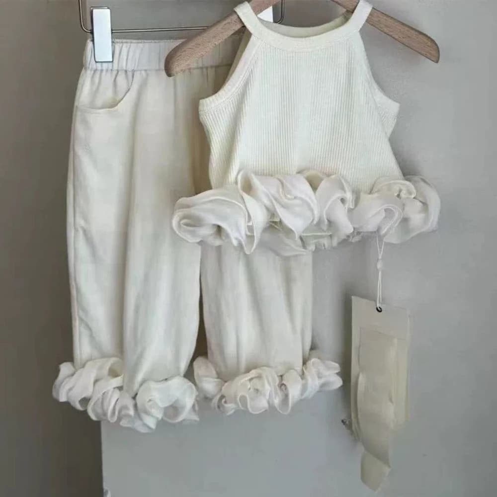 Nouvel ensemble d'été pour filles de 2 à 7 ans : haut sans manches à col rond en dentelle de couleur