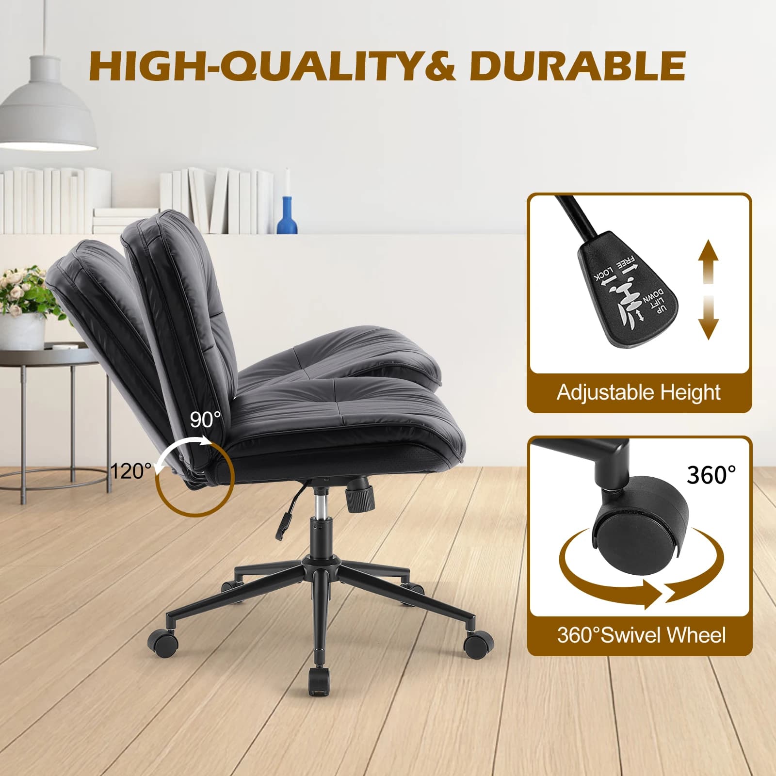 JHK – chaise de bureau en cuir PU à jambes croisées, avec roulettes, sans accoudoirs, siège large pi