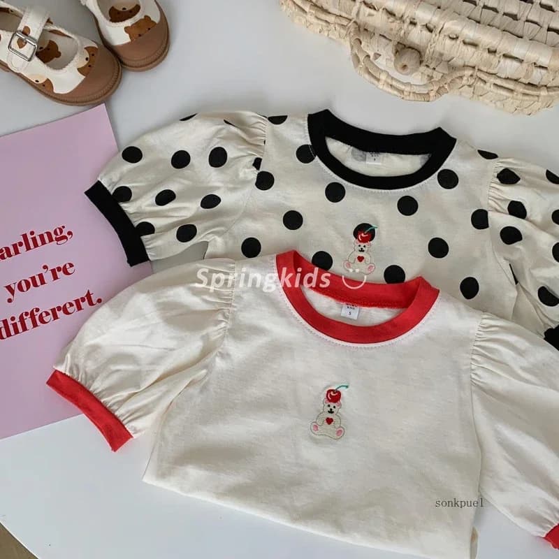 T-shirt d'été pour enfants, mignon, ondulé, à pois, petit ours brodé, vêtements pour enfants