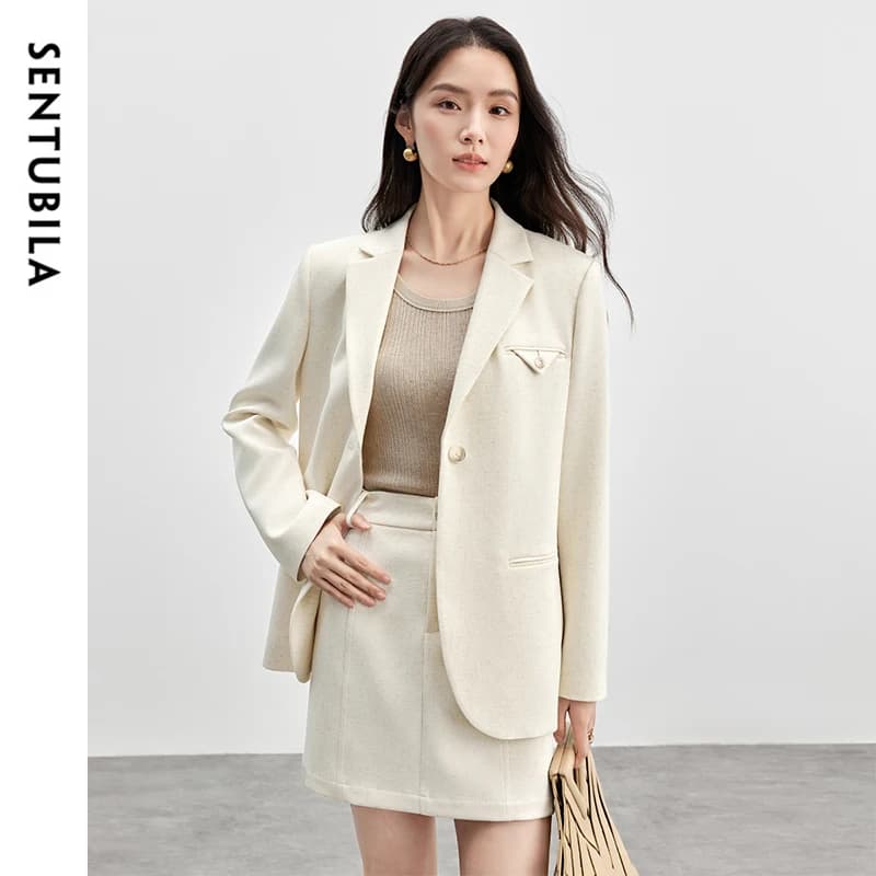 SENTUBILA femmes jupe costumes lin mélange épaulettes simple bouton Blazer solide élégant Mini jupes
