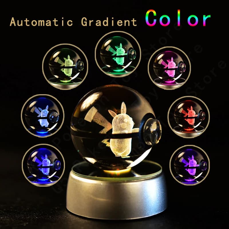 Boule de cristal Pokemon 3D Pikachu Mewtwo Mew Gengar, Base de lampe veilleuse, boule de verre Pokeb