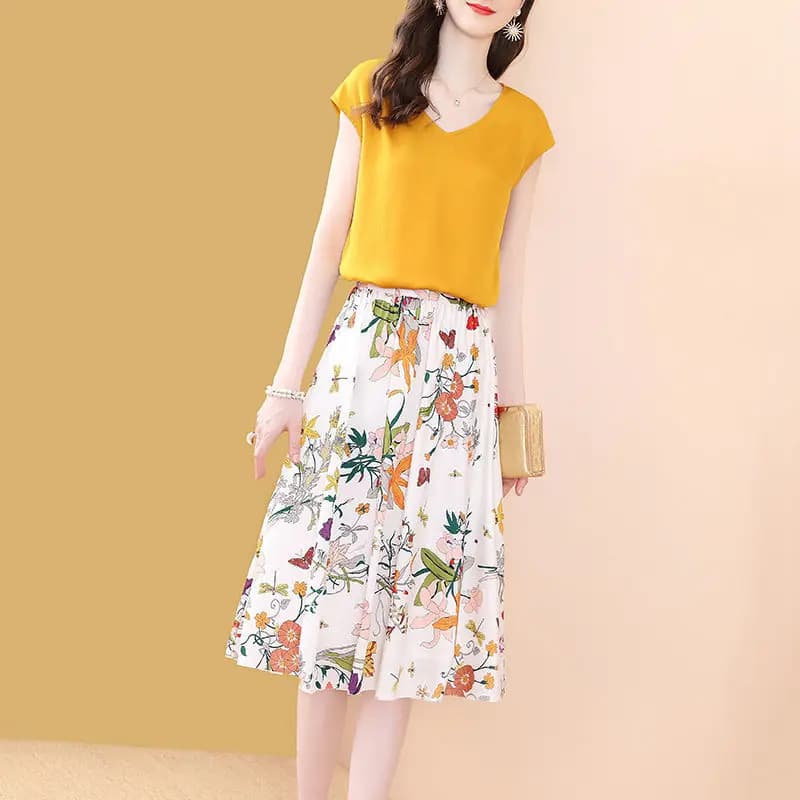 Ensemble 2 pièces élégant rétro pour femme, t-shirt et jupe florale trapèze, vêtements de bureau pou