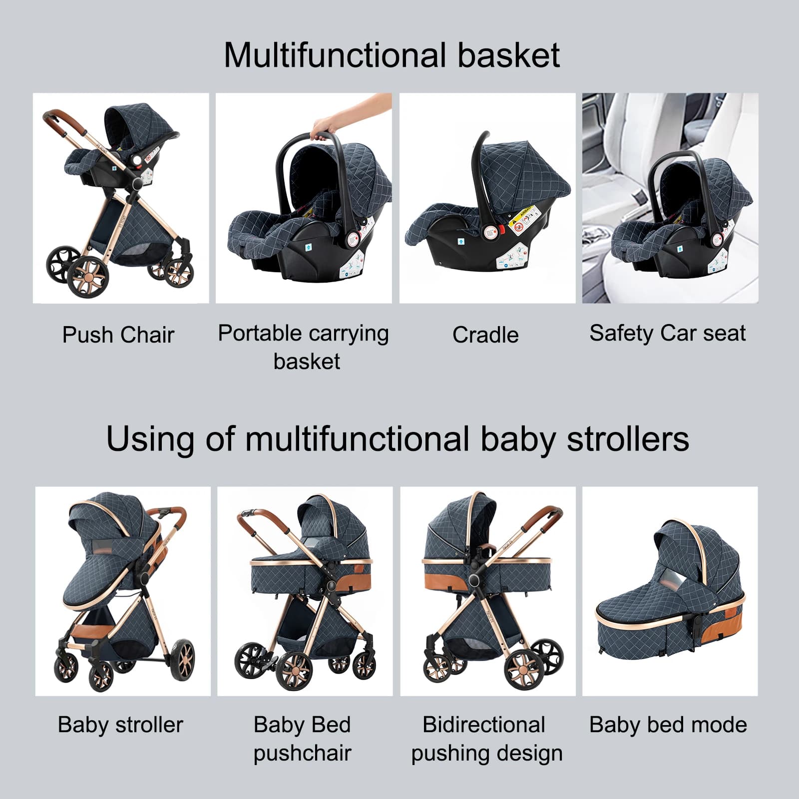 Poussette pour bébé 3 en 1, avec panier de rangement, poussette légère, accessoires pour bébé, landa