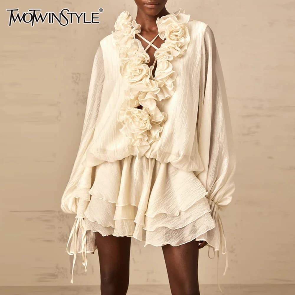 TWOTWINSTYLE – robe ample à fleurs 3D pour femmes, couleur unie, col en V, manches longues, Patchwor