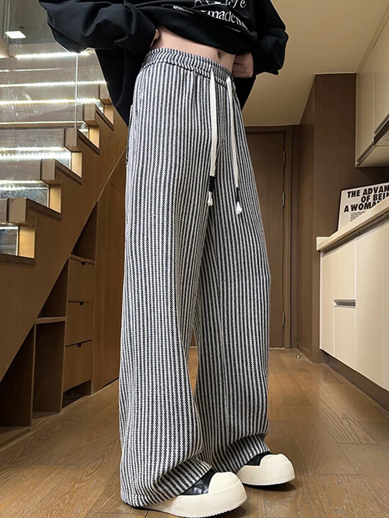 Pantalon rayé décontracté d'automne pour hommes, pantalon tissé avec ceinture élastique à cordon de 