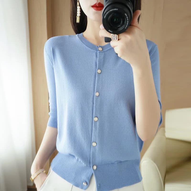 Pull Cool en Rayonne à Col Rond pour Femme, Cardigan Trois Quarts Décontracté, à la Mode, avec des D