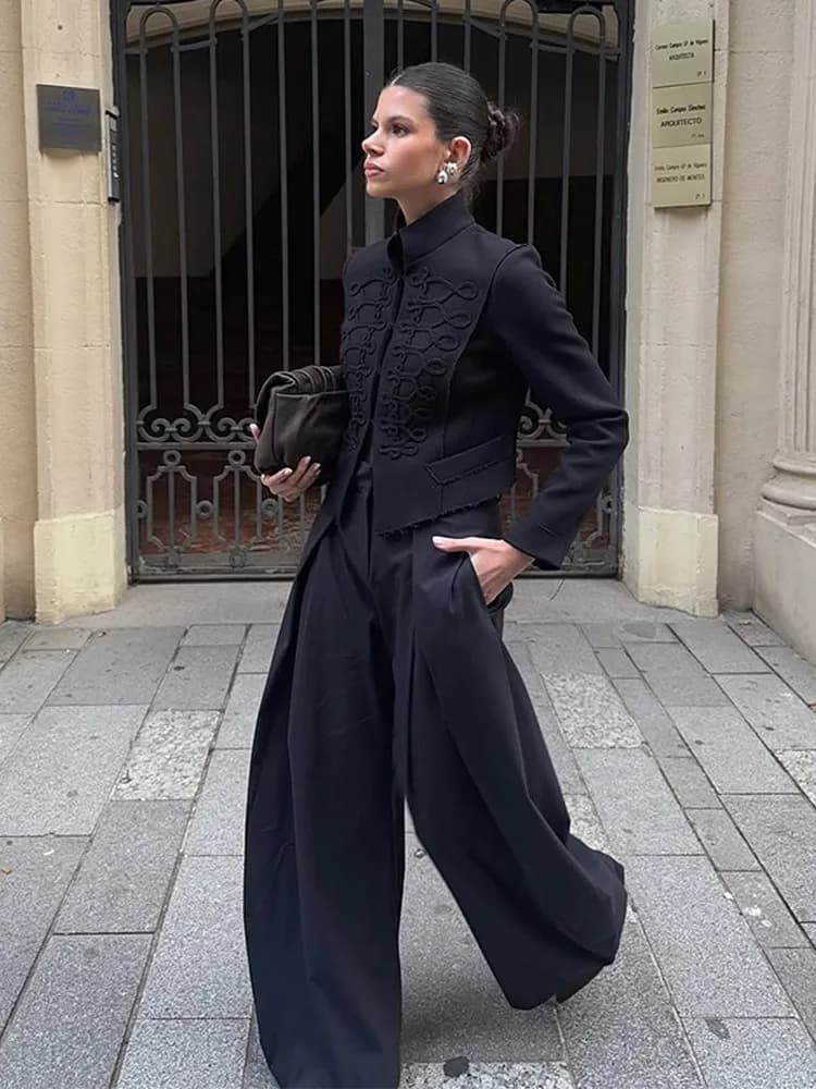 Veste Courte Napoléon Élégante pour Femme, Col Montant, Manches Longues, Coupe Slim, Manteau Noir, N