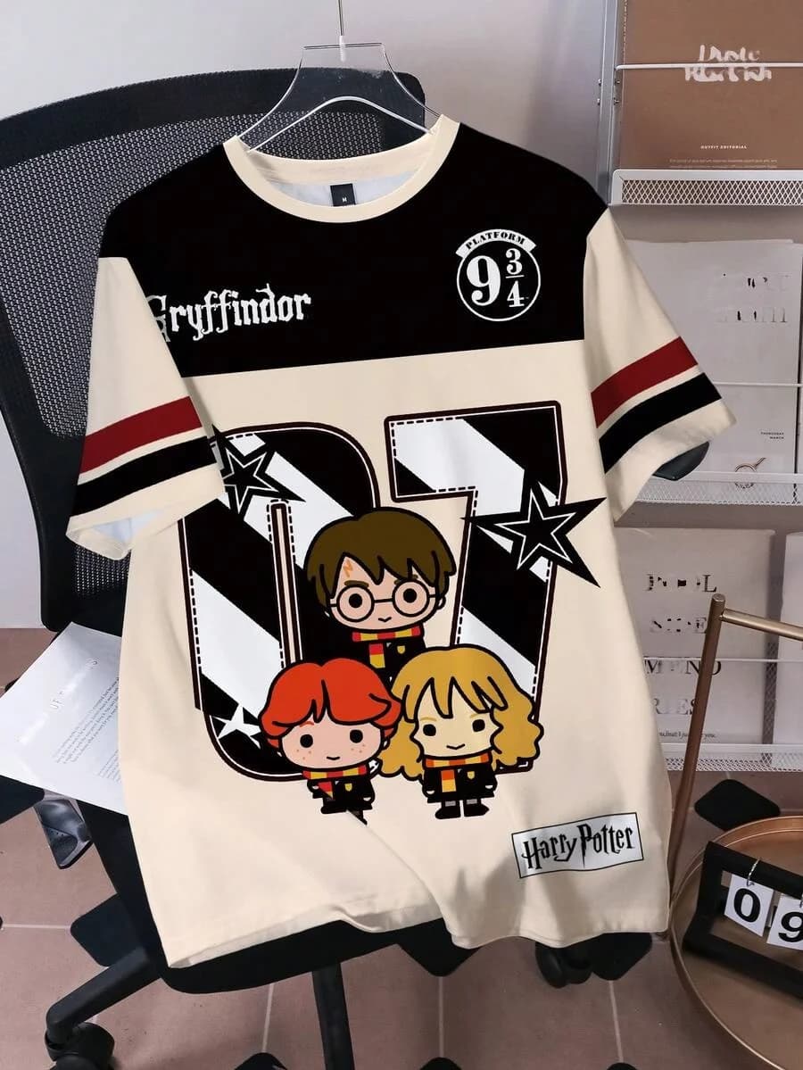 T-shirt Harry Potter pour femmes et hommes, imprimé de dessins animés mignons, manches courtes, haut