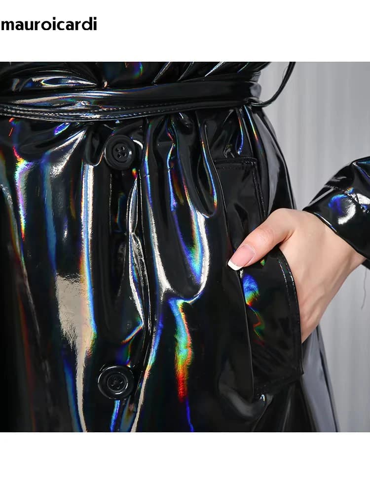 Mauroicardi printemps doux mince fluide brillant réfléchissant holographique noir PVC Faux cuir Tren