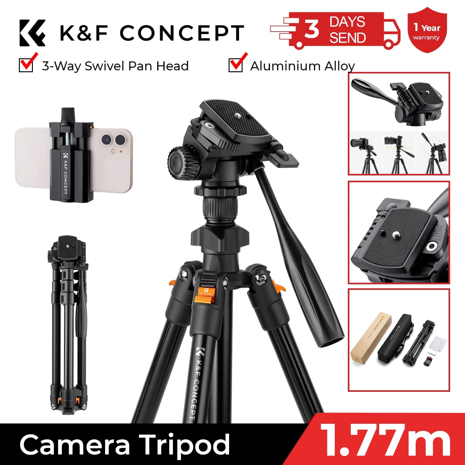 K&F CONCEPT Trépied vidéo 64 pouces/162 cm, trépieds légers en aluminium pour la photographie, le st