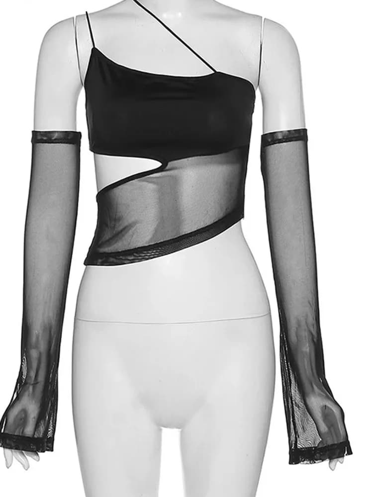 Asolls-Haut court en maille découpée avec manches, caraco transparent, vêtements grunge dégradés, pr