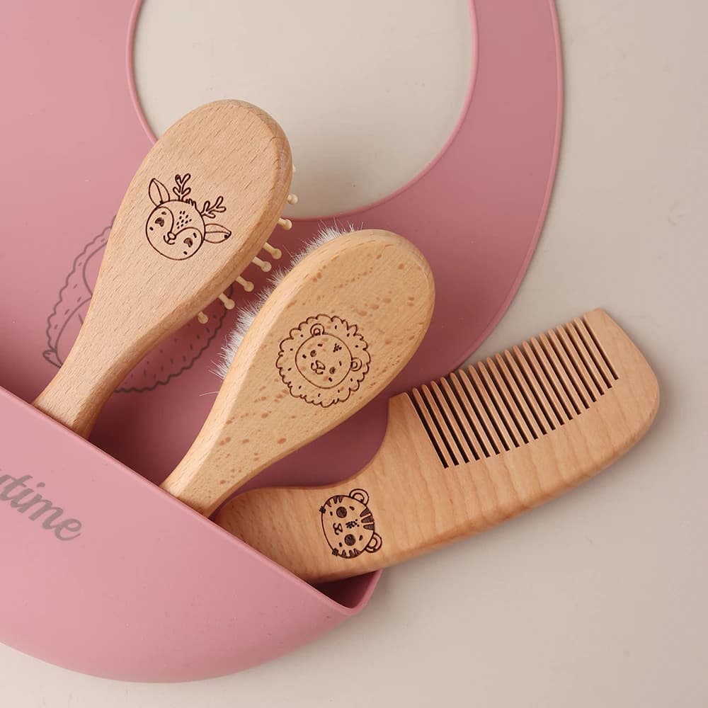 3 pièces ensemble gravure panda bébé peigne brosse ensemble nouveau-né coffret cadeau laine naturell