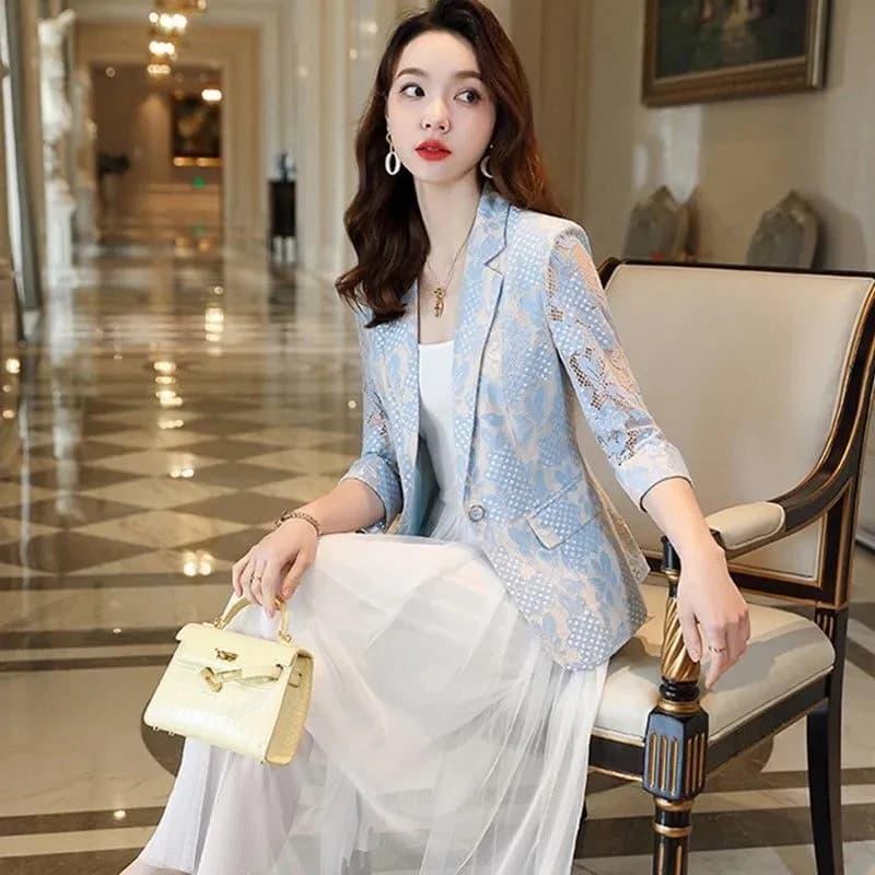 Blazer en dentelle mince pour femme, petite veste trempée, blazer évidé mince pour femme, bouton uni
