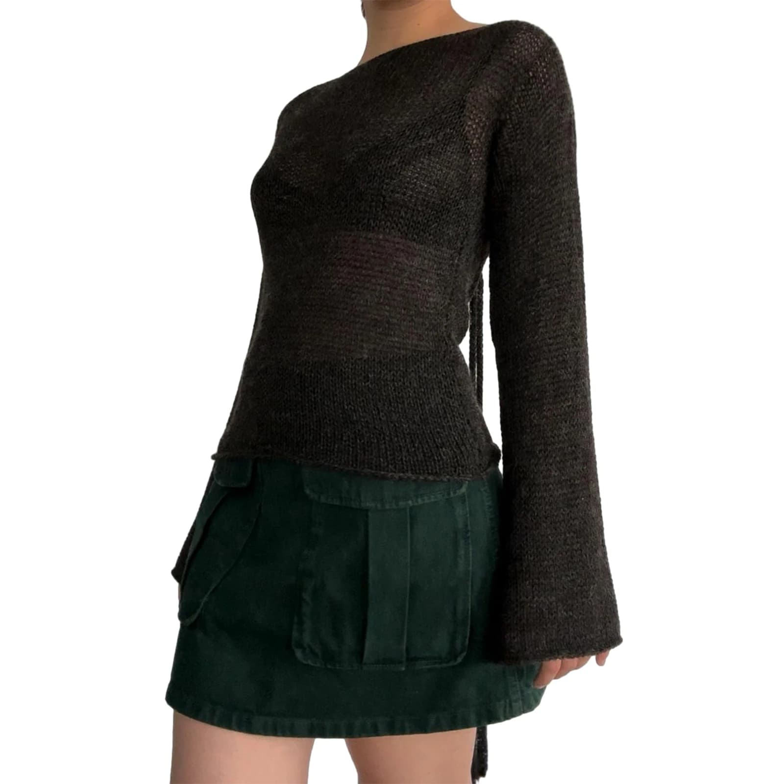 Mode femmes T-shirt cravate dos chandails à manches longues col bateau couleur unie tricot pull déco