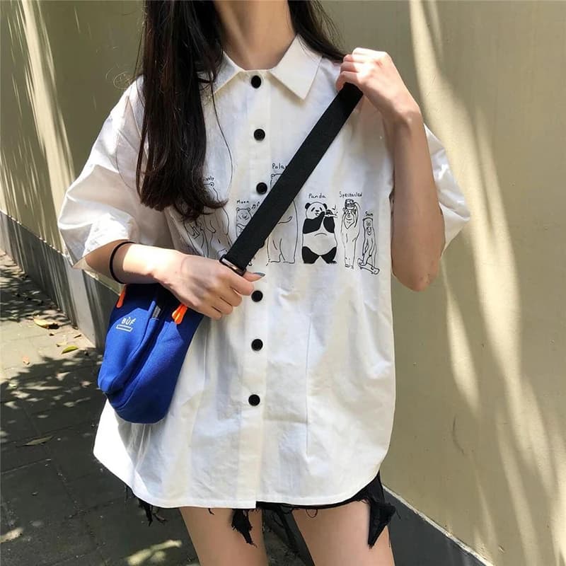 Chemise à Manches Courtes pour Femme, Streetwear, Imprimé de Dessin Animé, Mode Coréenne, Blanc, Été