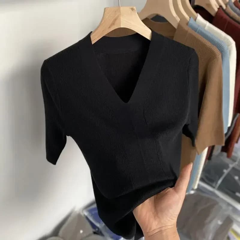 T-shirt à Manches Courtes et Col en V pour Femme, Slim et Décontracté, Couleur Unie, Vert, Été 2025
