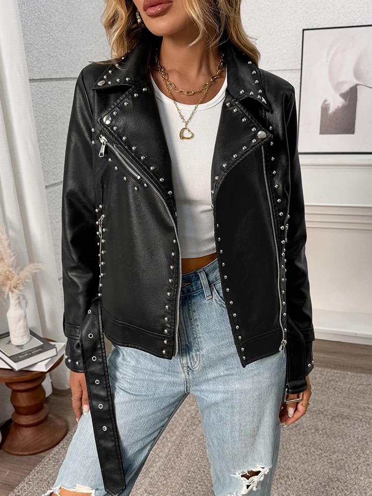 Ailegogo printemps automne femmes Streetwear Rivet fermeture éclair ceinture Faux cuir veste Vintage