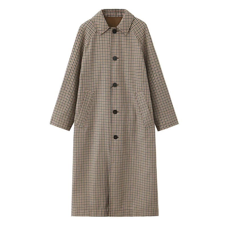 Vestes longues à carreaux Double face pour femmes, Trench-Coat à manches longues et simple boutonnag