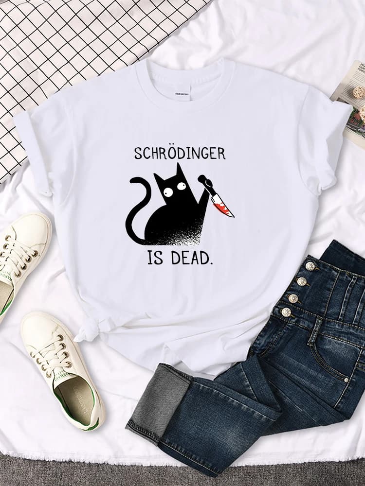 Femmes T-Shirts Schrodinger Is Dead dessin animé chat noir imprimé t-shirt femmes surdimensionné dou