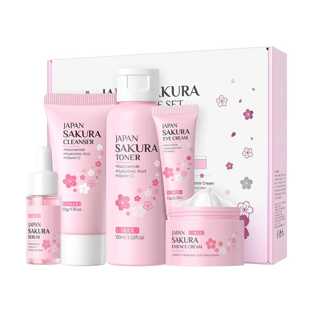 Coffret beauté LAIKOU Sakura 5 pièces : nettoyant, tonique, sérum, crème contour des yeux, crème hyd