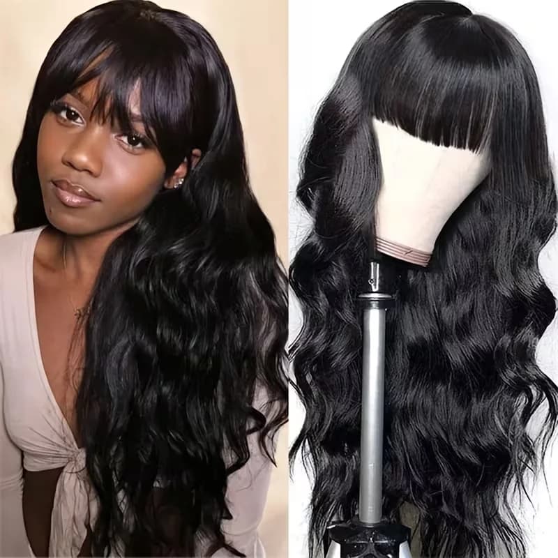 Perruques en cheveux humains ondulés avec frange, entièrement faites à la machine, perruque brésilie