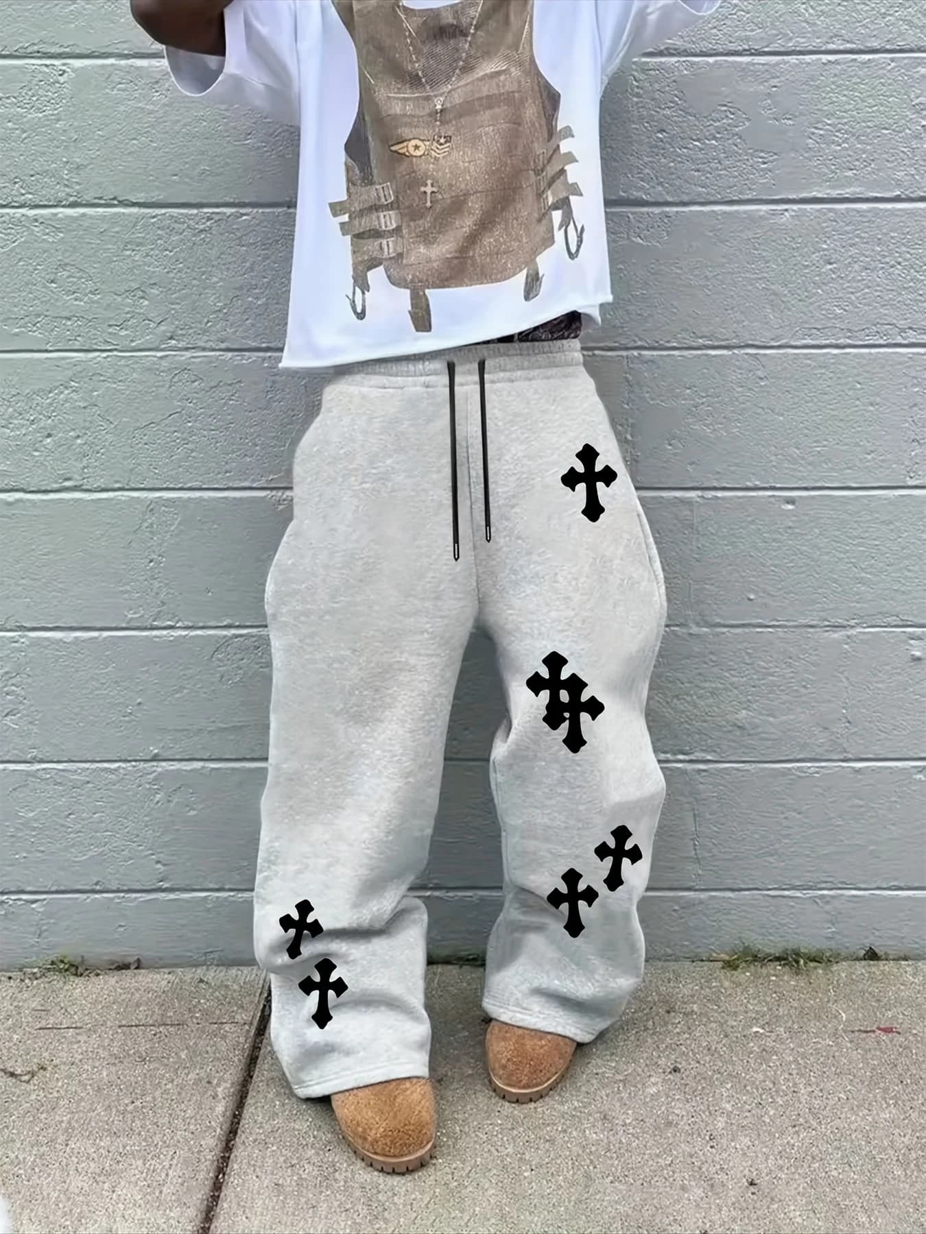 2025 Pantalon à jambes larges noir pour hommes à la mode Grande croix blanche imprimée Pantalon hip-