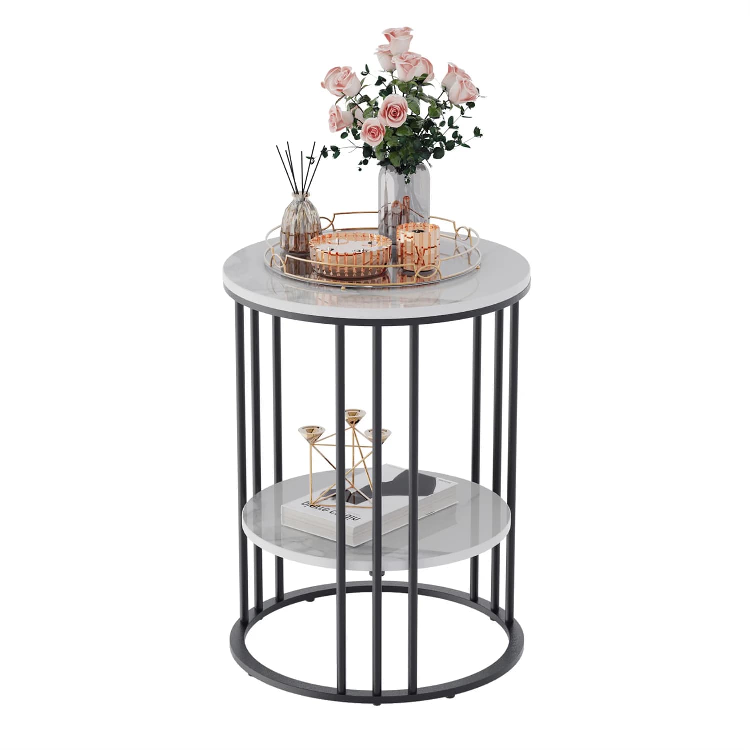 Table d'appoint ronde en pierre frittée à 2 niveaux, côté canapé blanc, petite table basse avec cadr
