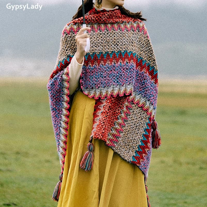 Pouvez-vous psyLady-Poncho Vintage Boho Everaks pour femme, Capes, Top, Floral, Pampilles, Chic, Rou