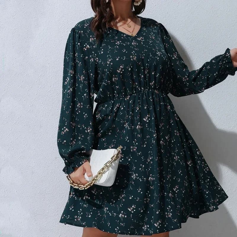 Robe trapèze à imprimé Floral pour femmes, manches longues bouffantes, taille haute, élégante, décon