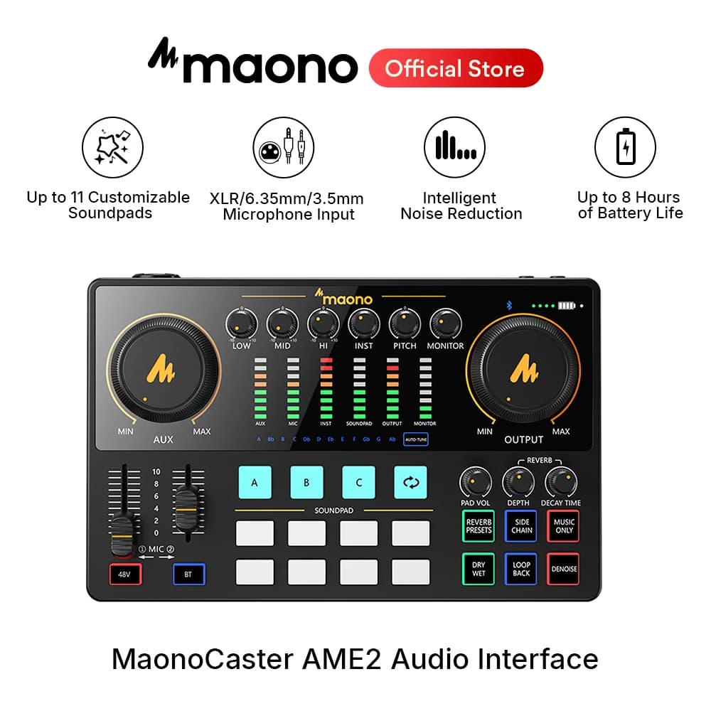 Interface audio Maono AME2, carte son, mixeur DJ, studio portable tout-en-un pour l'enregistrement, 