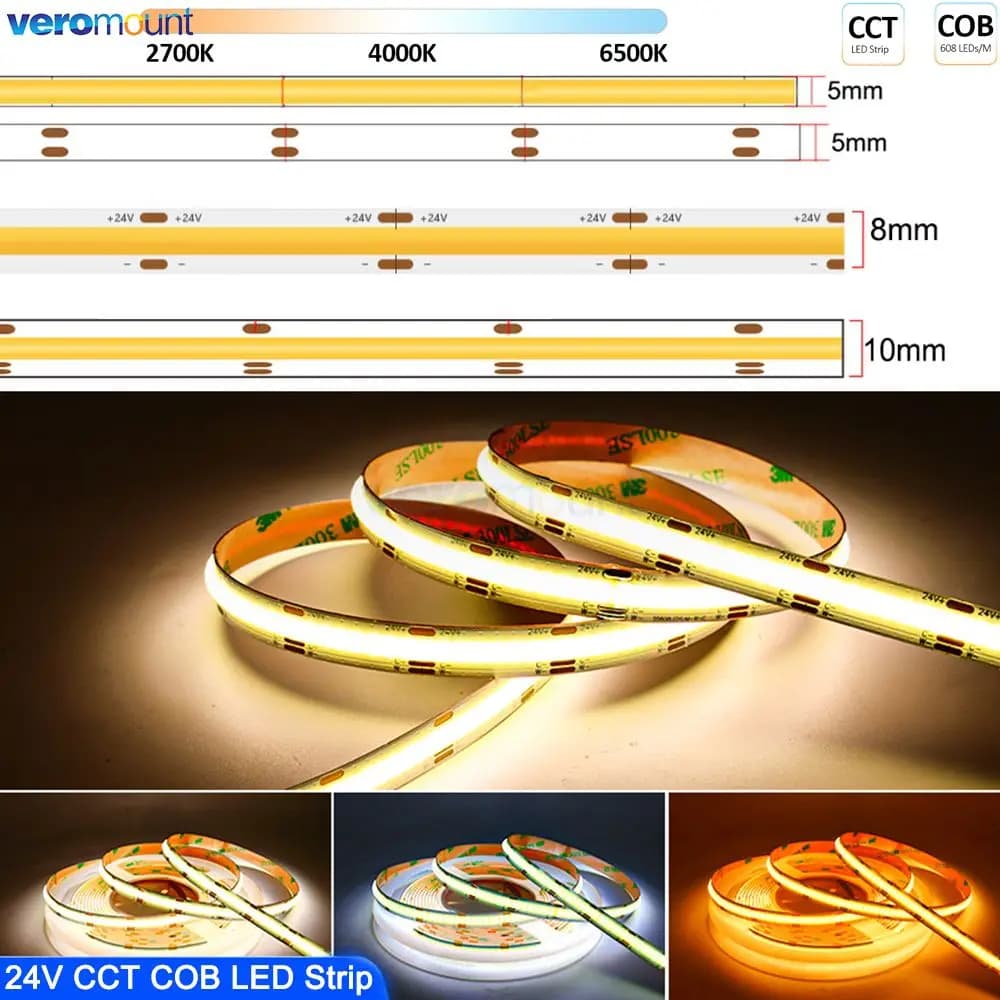 Bande LED COB CCT à Intensité Variable pour Touriste, Ruban Linéaire Flexible, Haute Densité, 3 Fils