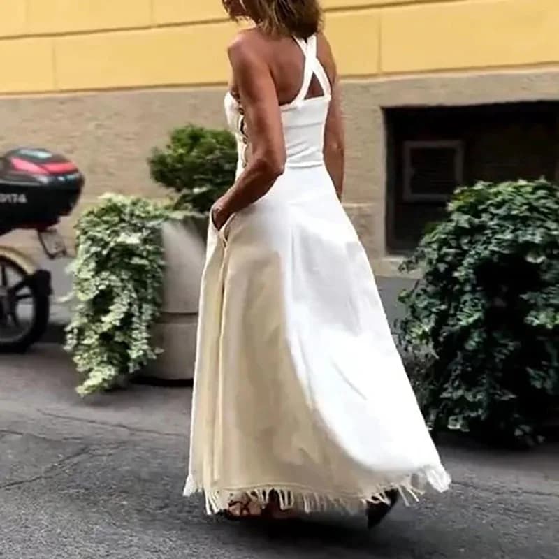 Robe longue d'été à Camisole blanche, décontractée, épaules dénudées, poches, coupe cintrée, élégant